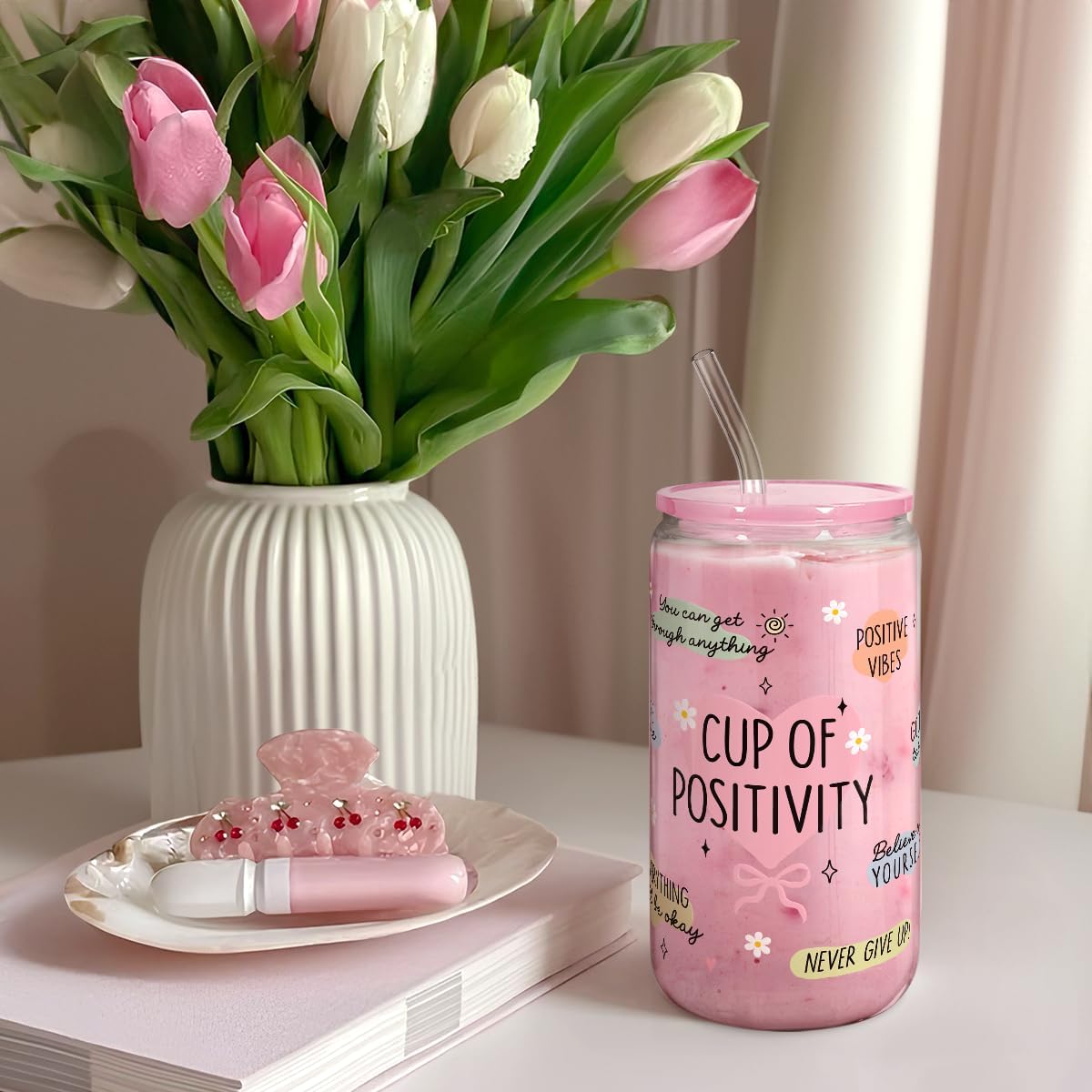 SANDJEST Inspiration Gifts - Glass Tumbler 16oz with Acrylic Lid and Straw - Iced Coffee Cups for Women, Aesthetic Glass Cup Gift for Birthday Christmas