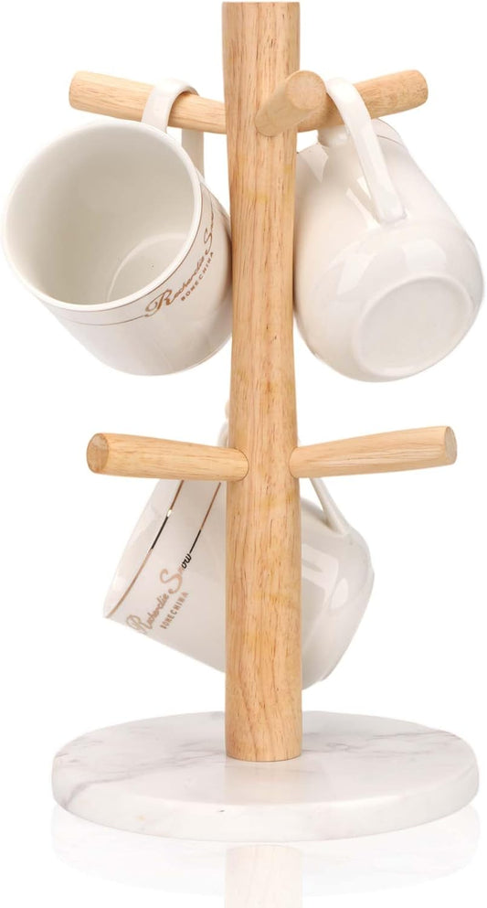 WORHE Mug Holder Marble Base with 6 Hooks Coffee Cup Rack Organizer for Countertop, Round Mugs Stand Hanger for Kitchen Counter Cabinet Bar Accessories and Home Decor White (MH001)