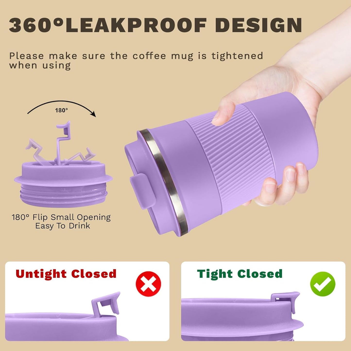 Vacuum-Insulated Stainless Steel Travel Coffee Mug, Leak-Proof Reusable Coffee Cup with Lid - Keep Hot & Cold Drinks for Hours, Durable Thermos Tumbler for Men & Women (3rd-Purple, 17OZ)