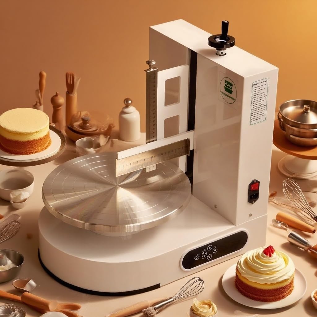 Semi Automatic Birthday Cake Smoothing Coating Machine, AC110V 6-14in Cake Cream Spreading Machine, Cakes Decorating Cream Coating Machine Turntable with Graduated Scraper, Baking Supplies (White)