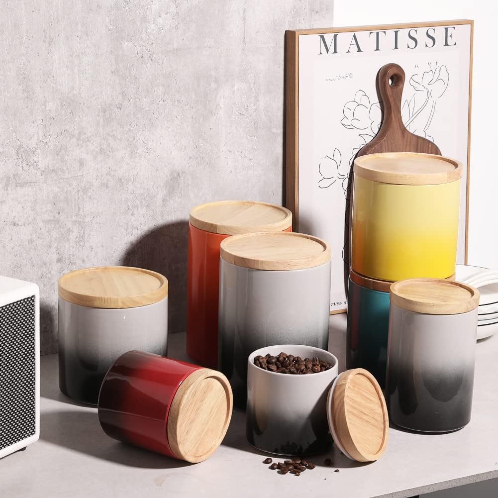 Sweejar Ceramic Food Storage Jar, Stackable Kitchen Canisters, Containers with Airtight Seal Wooden Lid for Serving Ground Coffee, Tea, Sugar, Salt and More - 28 Fl Oz (Gradient Gray)