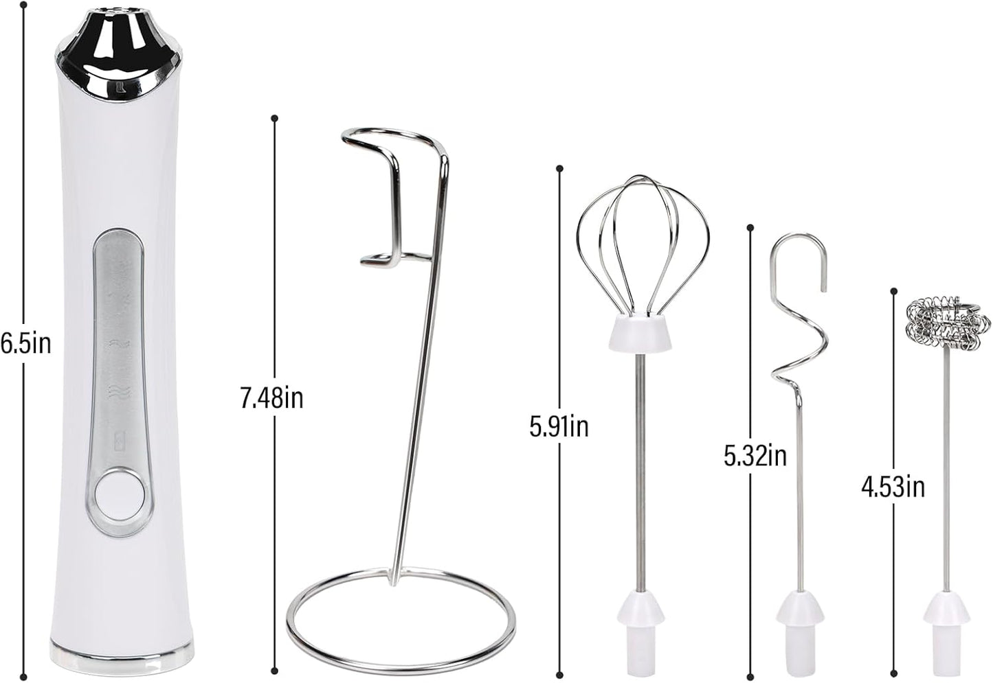 Rechargeable Milk Frother with Stand - 3 Speed Adjustable Electric Whisk, 3 Detachable Stainless Steel Heads for Latte, Cappuccino, Matcha, Egg (White)