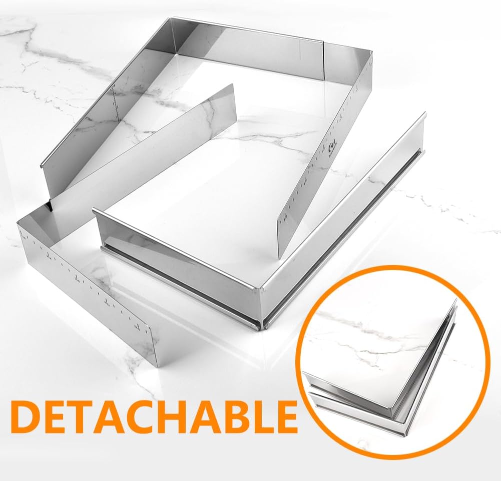 Guowall Extensible Stainless Steel Square Cake Mold Heavy Duty Adjustable Mousse Ring Rectangle Shaped Detachable Mousse Cake Cutter, Pastry DIY Baking Tool - 10 * 7in