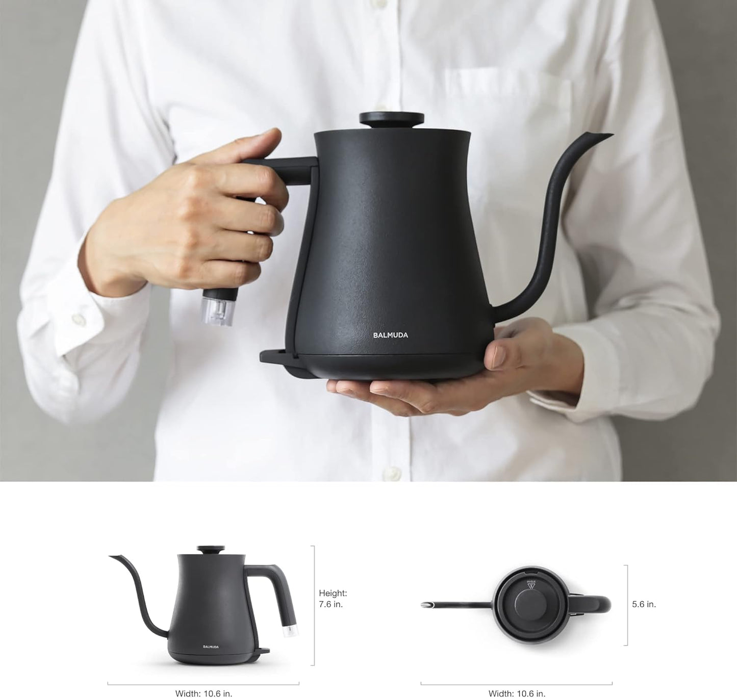 BALMUDA The Kettle | Electric Gooseneck Kettle | Lightweight | Stainless Steel | 0.6L (20fl oz) Capacity | Neon Light Indicator | Perfect for Tea and Coffee | US Version | Black