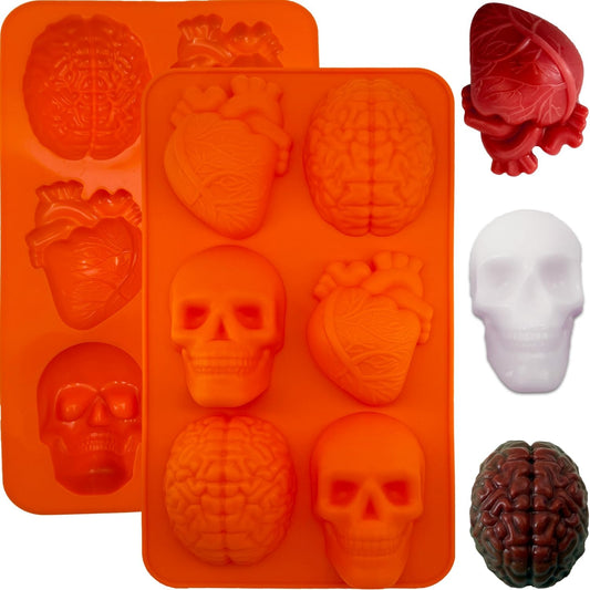 2 Pack Brain Heart Skull Cake Mold, 3D Human Organ Brain Jello Mold Halloween Silicone Molds Heart Skull Brain Chocolate Mold for Halloween Baking Mini Cakes Soap Candle Muffin Pudding Dessert