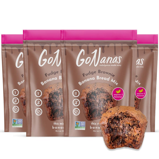 GoNanas Fudge Brownie Oat Flour Banana Bread Mix, Suitable for Plant Based Vegan Diets, Gluten Free Dairy Free Snacks, Healthy Snacks For Adults, Muffin Mix, Nut Free, Cupcakes Dessert, NON-GMO, 4pk