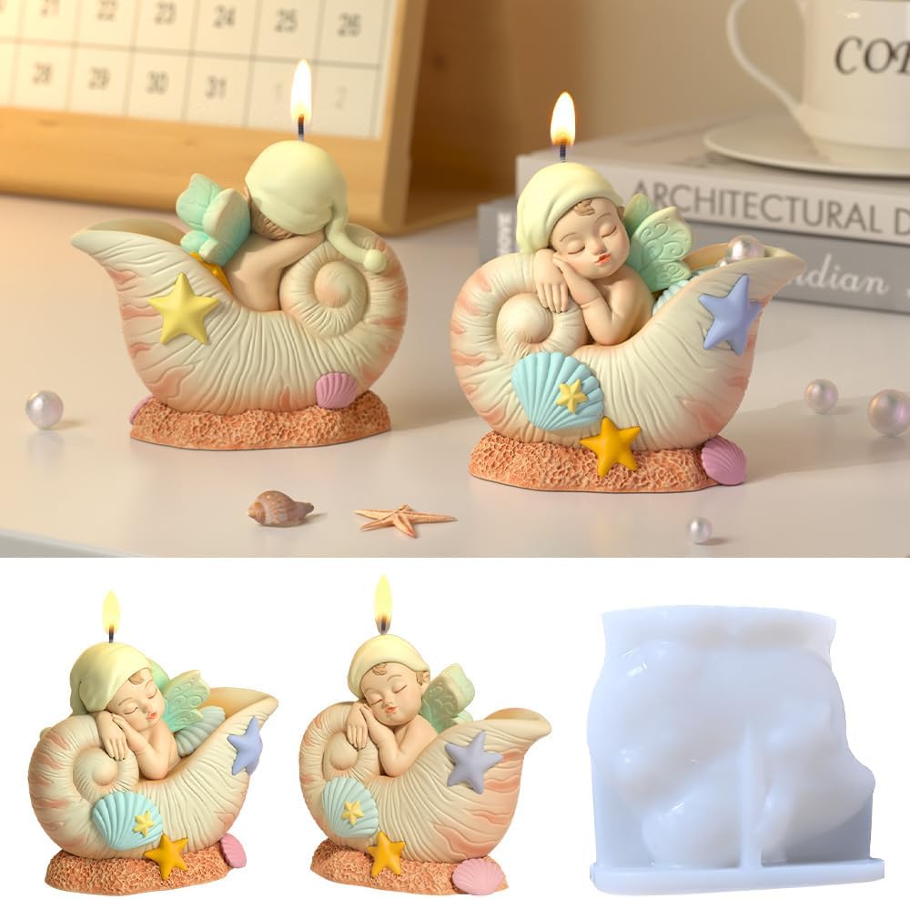 Fantasy Angel Conchs Shell Candle Silicone Mold – Cute Kawaii Seashell Sleeping Fairy Baby Epoxy Resin Mold for Aromatherapy Candle Making, DIY Crafts, Soap, Wax, Clay Desktop Decor