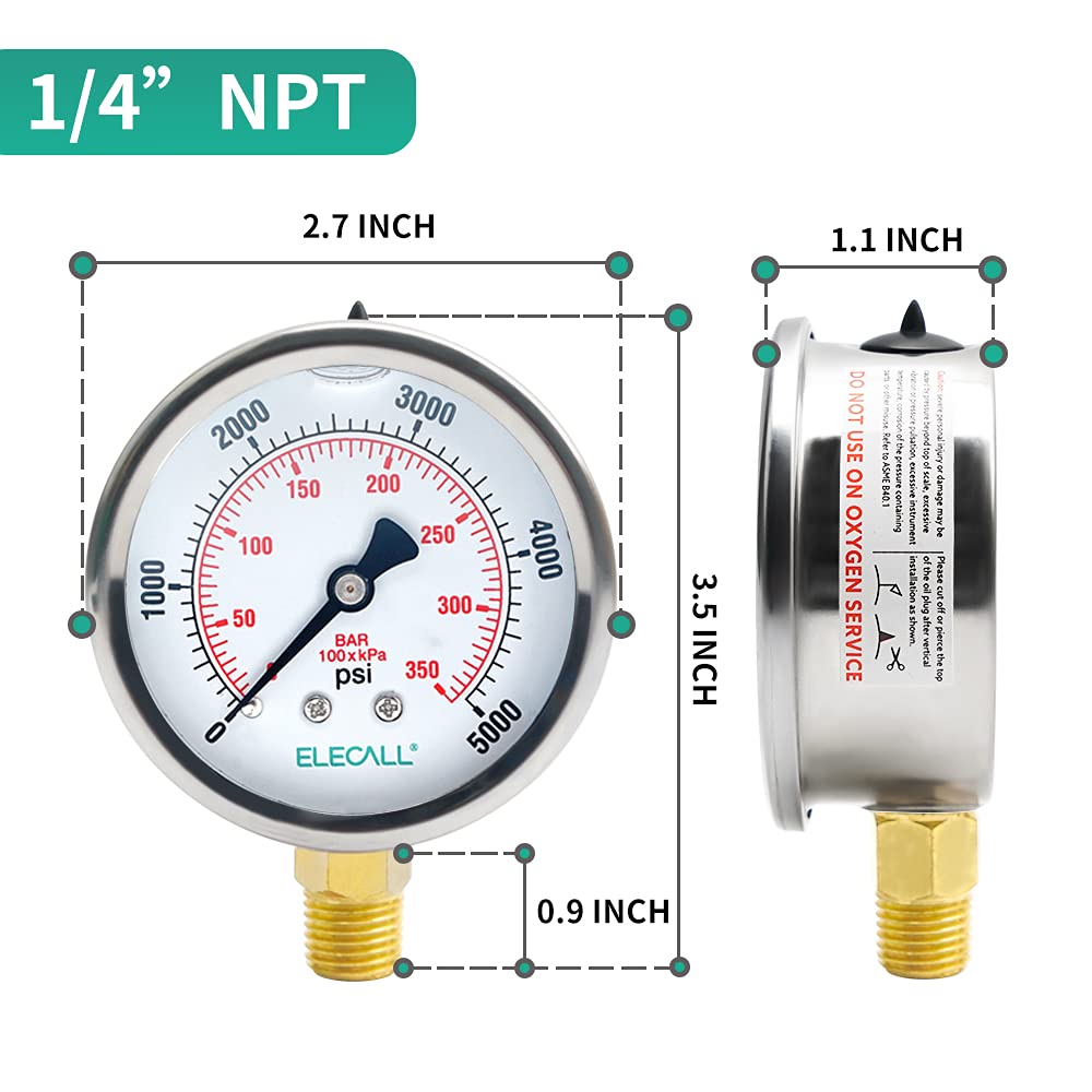 ELECALL 2-1/2" Glycerin Liquid Filled Air Pressure Gauge, 0-5000Psi, 1/4" NPT Lower Mount, Stainless Steel Case, Brass Internals, Water Pressure Gauge