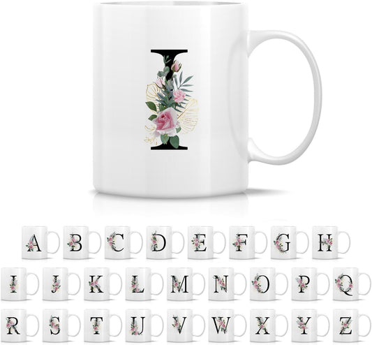 Retreez Initial A-Z Floral Botanical Bouquet Alphabet Monogrammed Monogram Mug 11 Oz Ceramic Tea Coffee Mugs - Appreciation Thank You Wedding Birthday Gifts for her friend coworker sister - I Initial