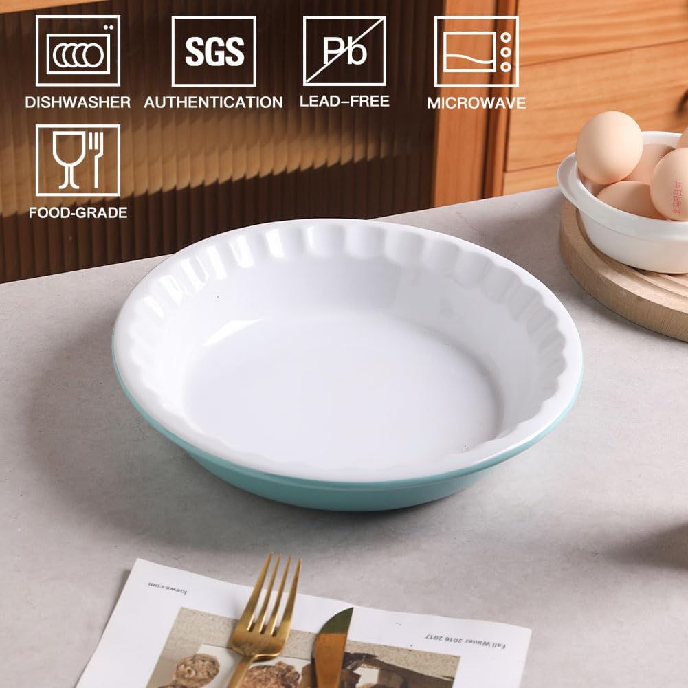 Sweejar Ceramic 10.4 Inch Pie Pan, Deep Porcelain Round Dish, Non-Stick Baking Plate for Pumpkin and Apple Pies, Farmhouse Design (Turquoise)