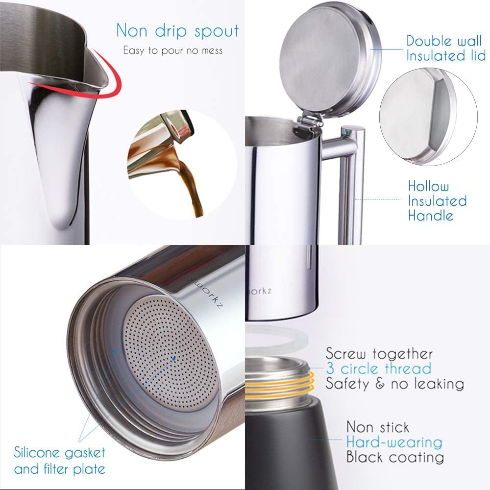 Easyworkz Diego Stovetop Espresso Maker Stainless Steel Italian Coffee Machine Maker 4Cup 6.8 oz Induction Moka Pot