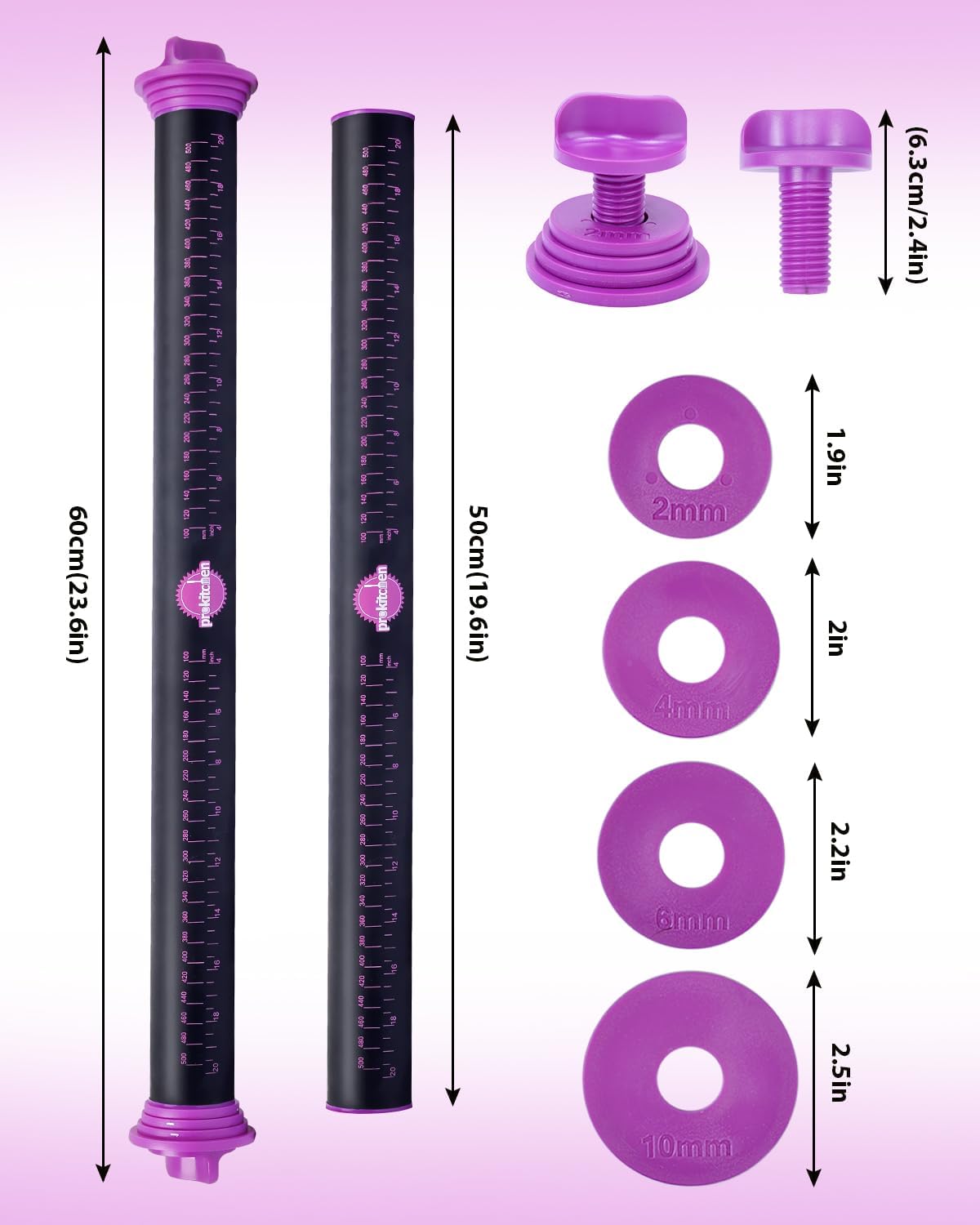 Silicone Rolling Pin with Thickness Rings, Adjustable Designs for Fondant, Cookie Decorating, Pasta, Pizza, 23.6 inch Purple Large Long Pin