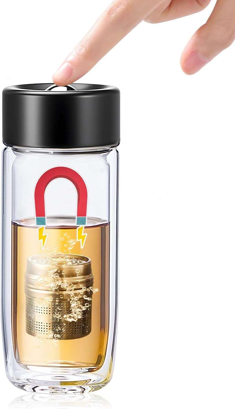 MagnaDrop Tea Tumbler – Double Wall Glass Tea Infuser Cup with Magnetic Steep Control & Bead Switch, Leakproof Travel Mug for Loose Leaf, 10.5oz