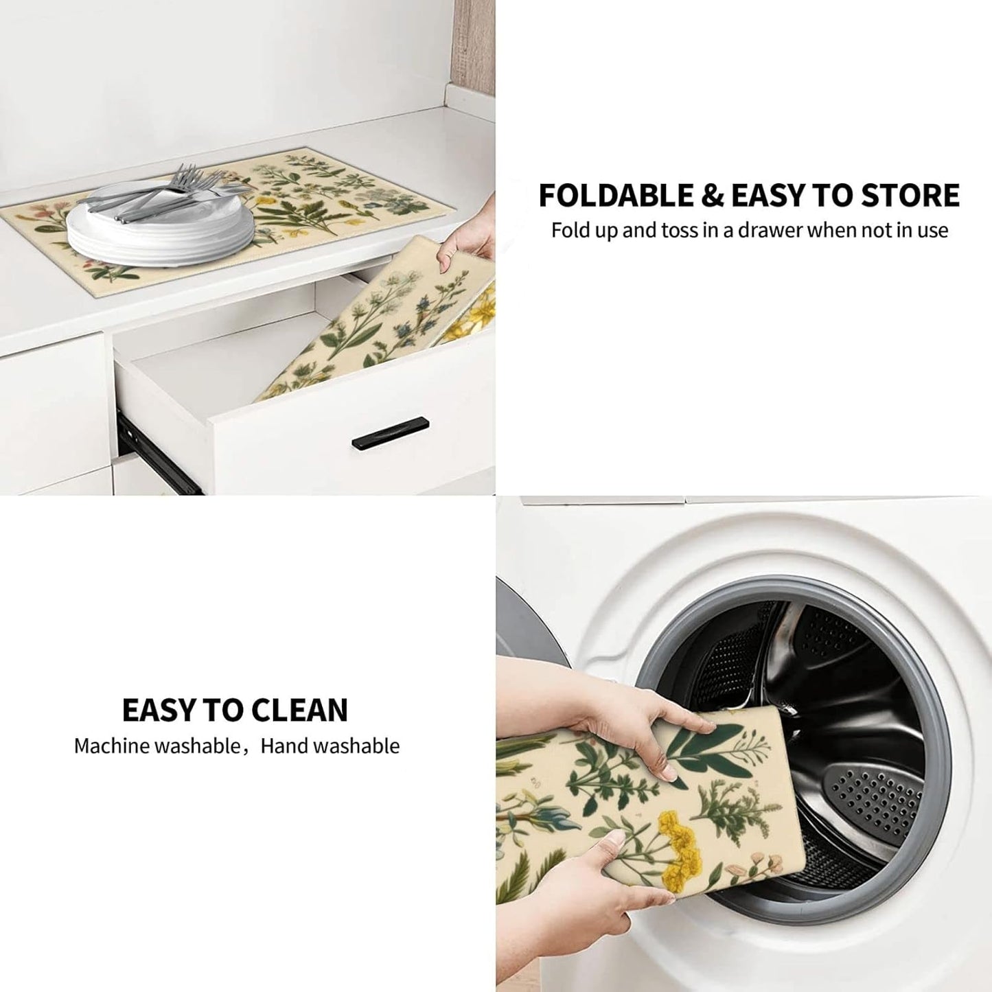 Floral Microfiber Dish Drying Mat XL for Kitchen Counter Absorbent Large Dish Drying Pads Reusable Washable Plants Herbs Draining Mat 18x24 Inch