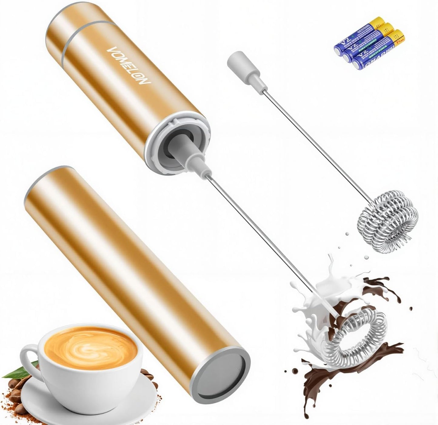 Milk Frother Handheld, Battery Operated Coffee Foamer Drink Mixer with 2 Stainless Steel Electric Whisks for Coffee, Latte, Cappuccino, Hot Chocolate, Protein， Batteries Included, Golden