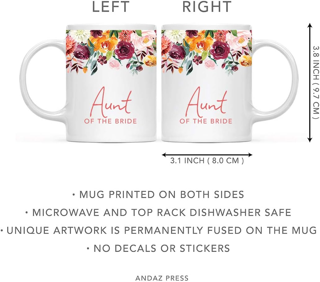 Andaz Press 11oz. Wedding Ceramic Coffee Tea Mug Gift, Fall Autumn Burgundy Orange Peach Flowers Roses Florals, Aunt of the Bride, 1-Pack, Includes Gift Box