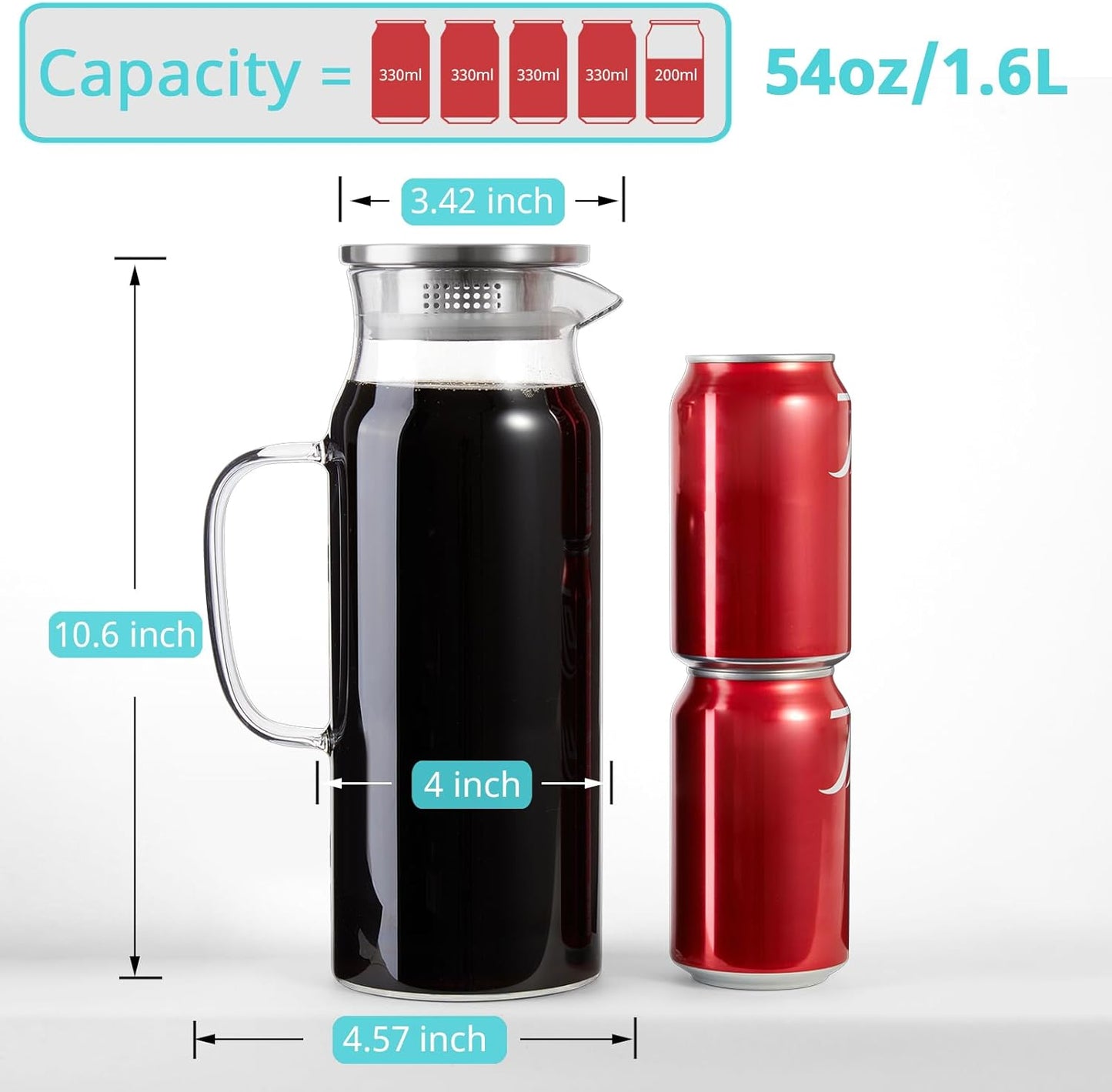 1.6 Liter 54 oz Glass Pitcher with Lid and Spout, Bivvclaz Glass Carafe Water Pitcher for Hot/Cold Water, Iced Tea, Drinks, Coffee, Juice and Homemade Beverage