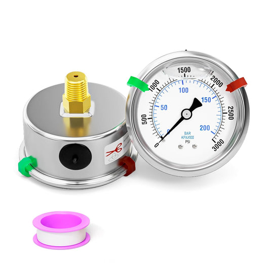 0-3000psi Stainless Steel Glycerin Liquid Filled Pressure Gauge 1/4" NPT 2.5" Face Dial Center Back Mount, for Water, Oil and Air Pressure Testing (with Range Mark Pointer)