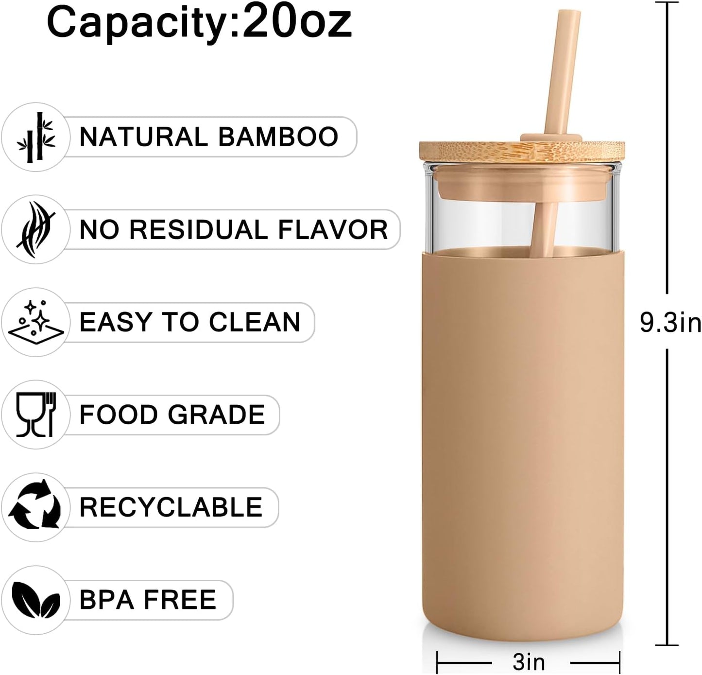 Tronco Glass Tumbler with Lid & Straw - Iced Coffee Cup & Smoothie Cup With Silicone Sleeve | BPA-Free, Dishwasher Safe | Reusable Glass Cups with Bamboo Lids and Straws