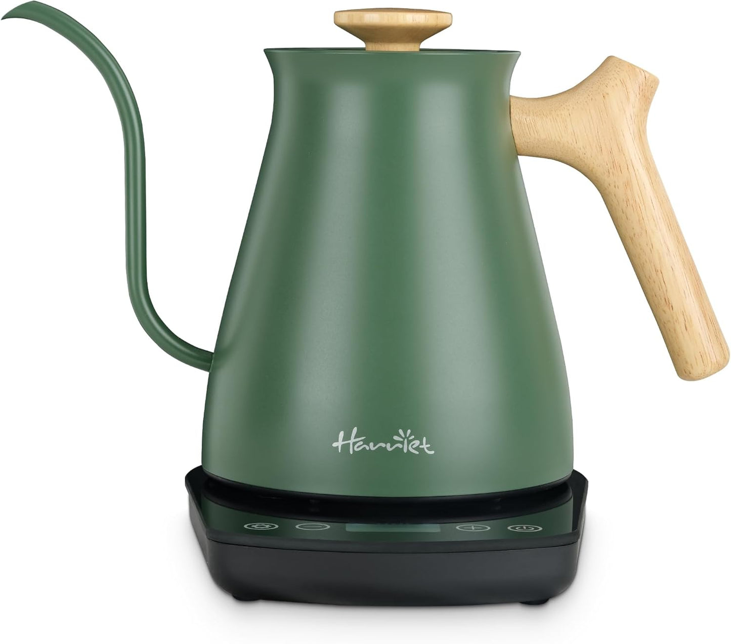 Harriet Gooseneck Electric Kettle - 1200W Fast Heat, 0.8L Stainless Steel, Precision Temp Control & Timer, Wood Handle, Pour Over Coffee and Tea, Green