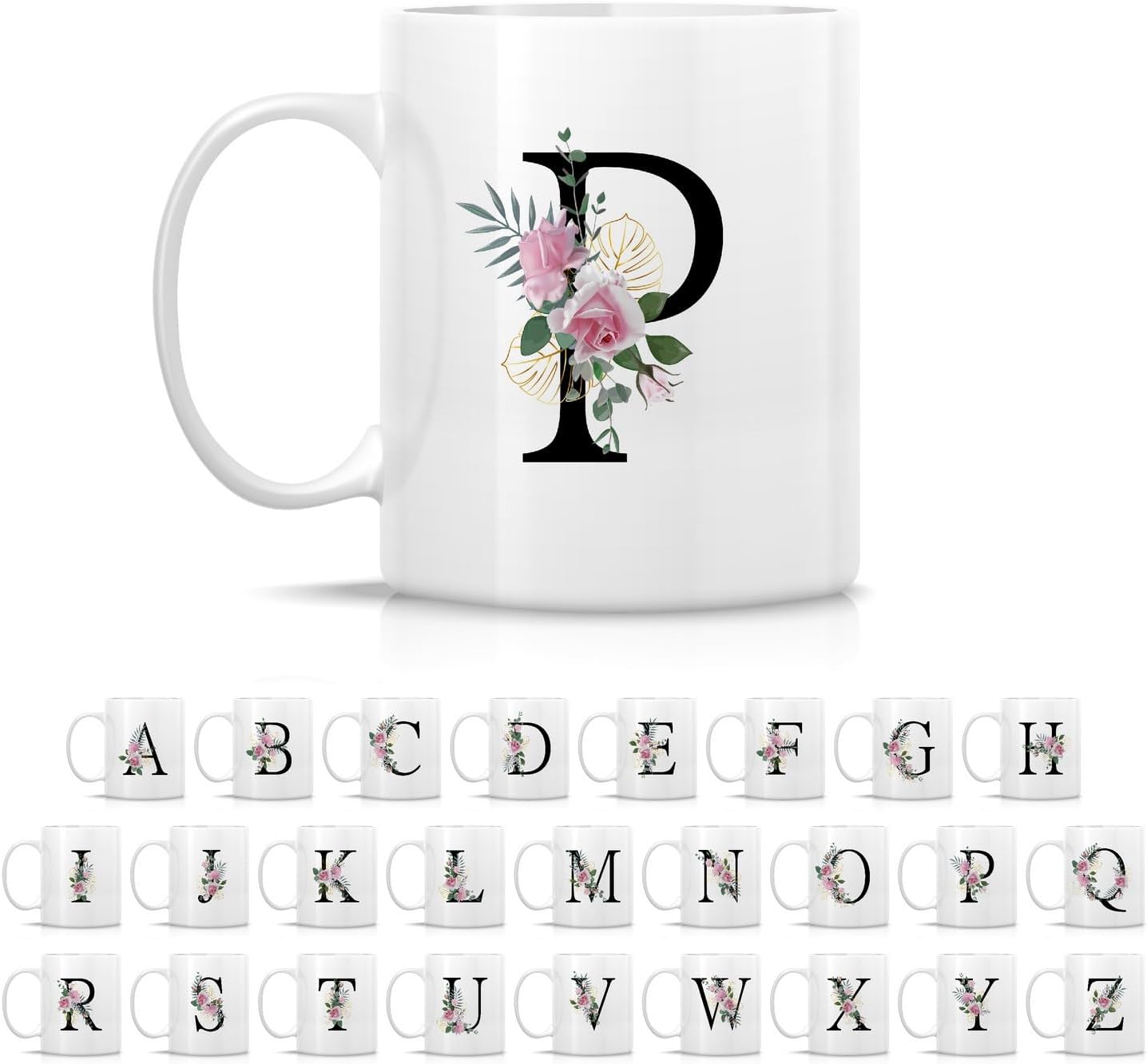 Retreez Initial A-Z Floral Botanical Bouquet Alphabet Monogrammed Monogram Mug 11 Oz Ceramic Tea Coffee Mugs - Appreciation Thank You Wedding Birthday Gifts for her friend coworker sister - P Initial