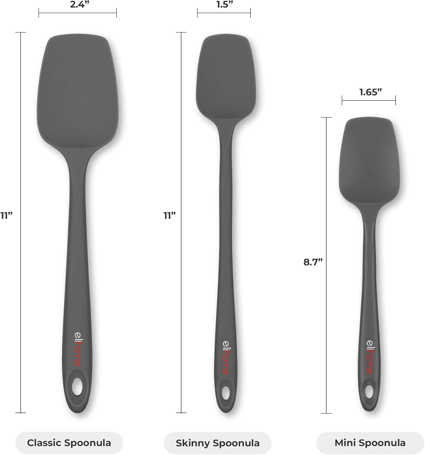 Elihome Classic Silicone Spoonula - Non-Stick Heat Resistant Silicone Scraper Spatula for Mixing, Serving, Scraping, Stirring, and More - 11 Inch, Dark Grey