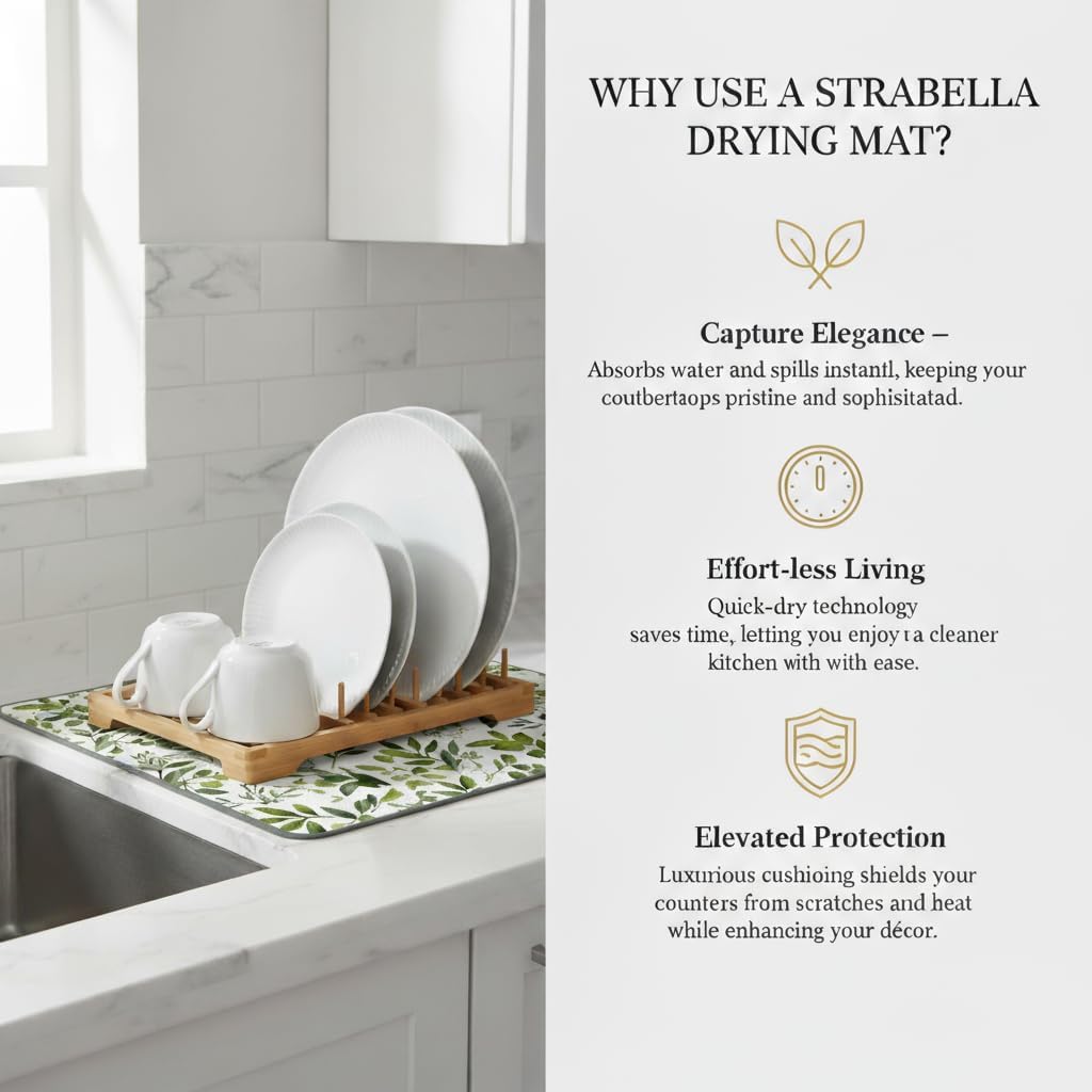 Dish Drying Mat Super Absorbent – 16" x 18" Coffee Mat for Countertops – Non-Slip Drying Mat for Kitchen Counter – Easy to Clean Water Absorbent Mat – Quick Dry Dish Mats (Green Leaves)