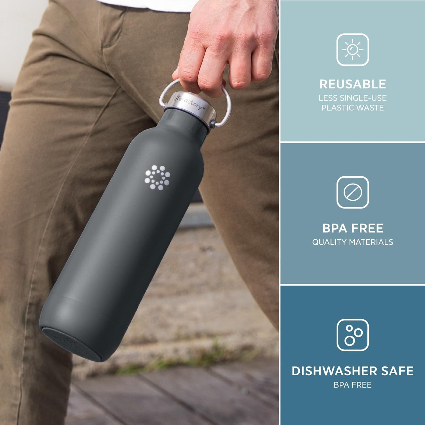 Lifefactory 24-Ounce Stainless Steel Vacuum-Insulated Sport Bottle, Carbon