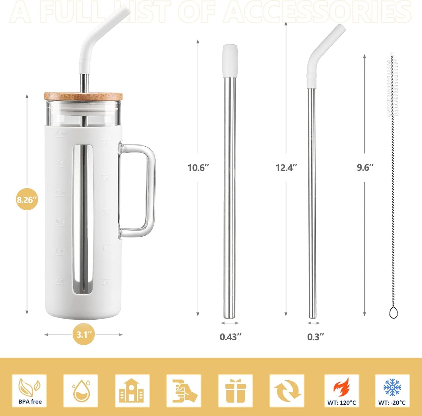 Kodrine Tumbler with Lid and Straw, 20 oz Glass Coffee Tumbler with Handle, Smoothie Cup with Bamboo Lid | Time Marker | Silicone Protective Sleeve, BPA Free - White