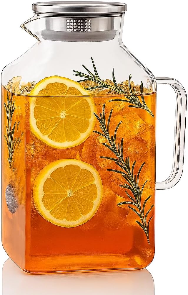 Glass Pitcher, 3.6L Glass Water Pitcher with Tight Stainless Steel Lid, Heat Resistant Borosilicate Glass Carafe, Temperature Safe (MG10)