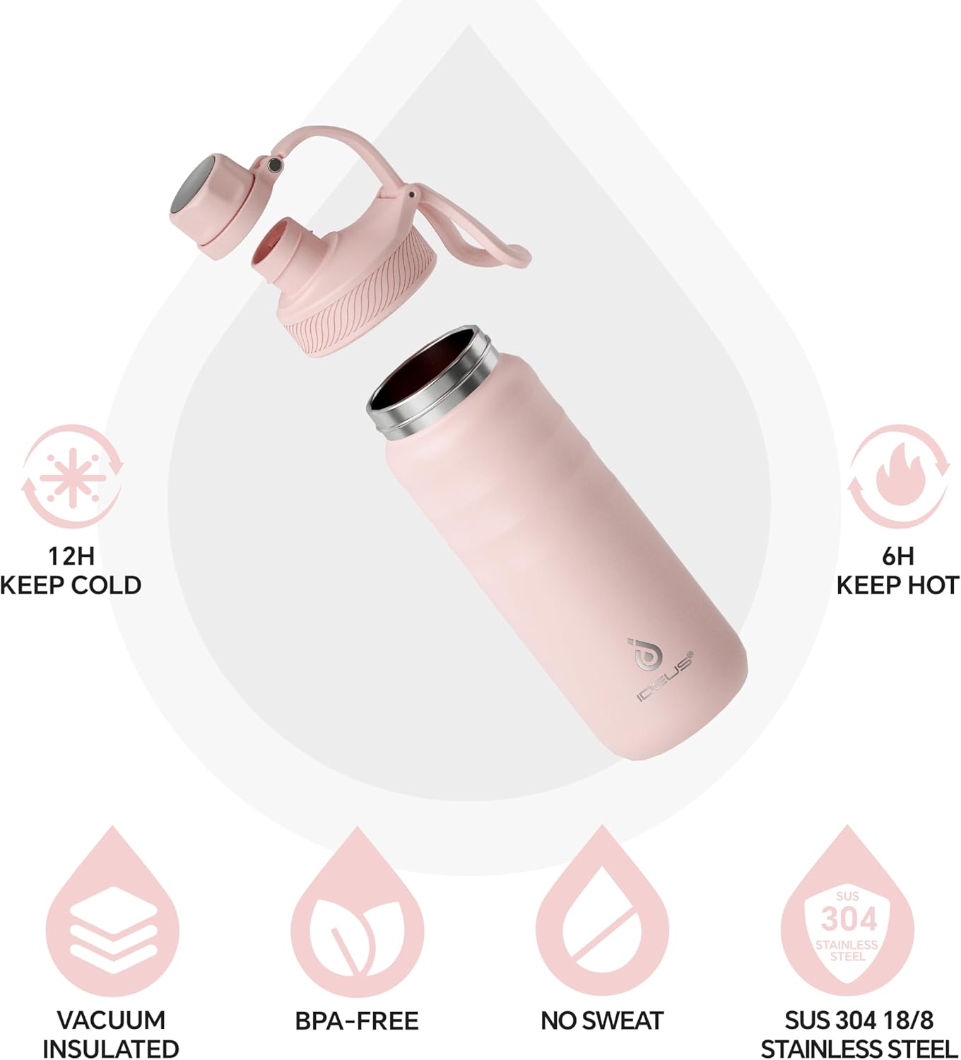 IDEUS Insulated Stainless Steel Water Bottle with 2 Leak-Proof Lids, Thermal Water Flask for Hiking Biking, 18oz, Light Pink