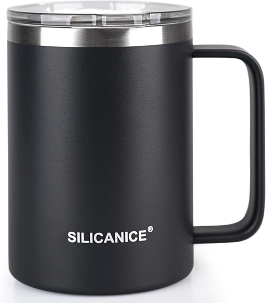 14 oz Stainless Steel Vacuum Insulated Tumbler with handle & MacSlider Lid, Dishwasher Safe & Spill Proof Coffee Cup, Travel Mug for Hot/Cold Drinks, Durable Design - Black