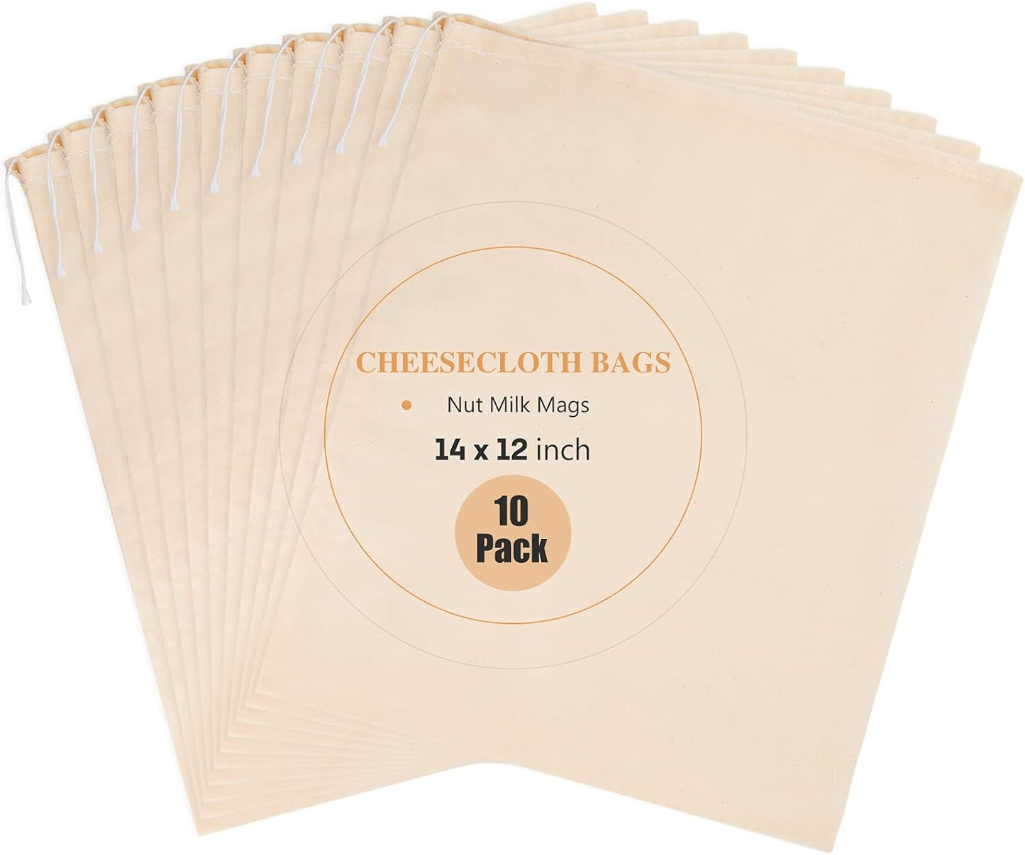 10 Pack Nut Milk Bag, 12‘’ x 14‘’ Fine Mesh Grade Reusable Cheesecloth Bags Strainers, Unbleached Organic Cotton Filter Bags for Almond Milk, Juices, ColdBrew, Cheese, Tea, Yogurt, Coffee