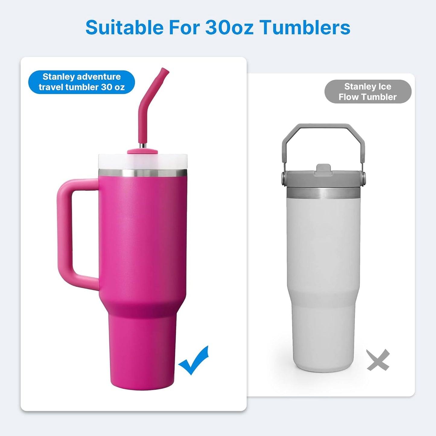 Repeatable Metal Straw with Silicone Tips for 30 oz Stanley Tumbler, 2 Pcs 30 oz Stainless Steel Straws Replacement for Stanley Tumbler, 1 Straw Brush, BPA Free（Fuchsia Red）