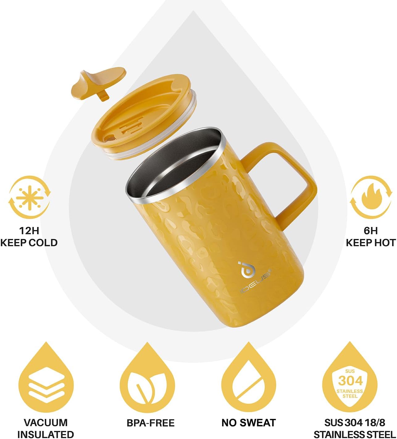 Ideus Vacuum Insulated Coffee Mug, 16oz Reusable Stainless Steel Thermal Double Walled cup with Handle and Slider Lid for Hot & Cold Beverages, BPA Free (Leapord Honey)