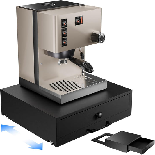 NiHome Acacia Wood Coffee Machine Tray with Pod Drawer, Smooth Wheels Rolling Appliance Slider, Large Drawer for K-Cups, Tea Bags, Under Cabinet Countertop Caddy for Espresso Maker, Blender, Air Fryer