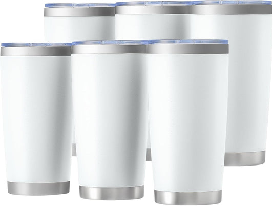 OMTech 20oz Tumblers Bulk, 6pc Stainless Steel Tumbler Set with Lid & Straw, Double Wall Vacuum Insulated Mug for Laser Engraver, Travel Coffee Mug for Hot & Cold Drinks, White Powder Coated Cup