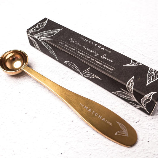 Golden Stainless Steel 1 gram Matcha Measuring Spoon (1/2 teaspoon). Scoop your Matcha with Precision for Perfect Servings while upgrading your Matcha station within your kitchen inventory!