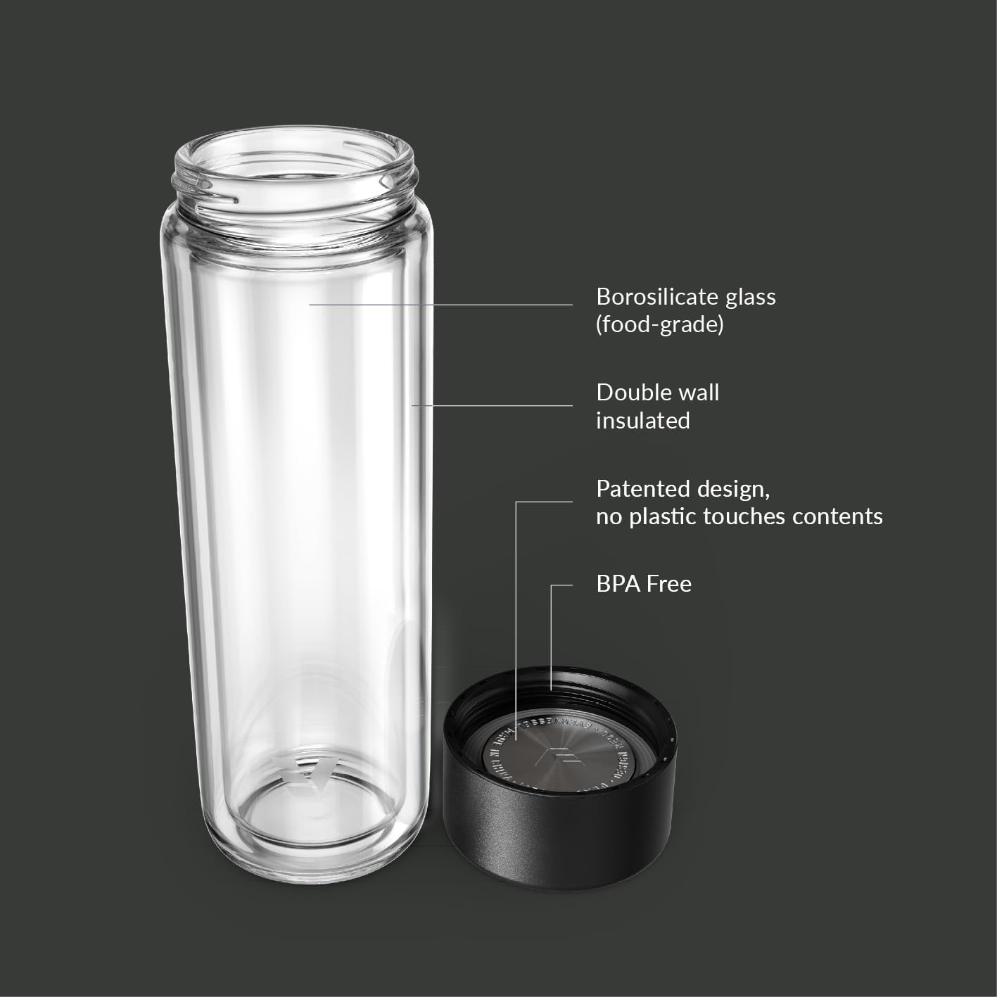 Glass Multi Tea Infuser Bottle 14oz - Double Wall Borosilicate Glass Flask | No Plastic Touches Contents | Perfect for Office or Home - Black