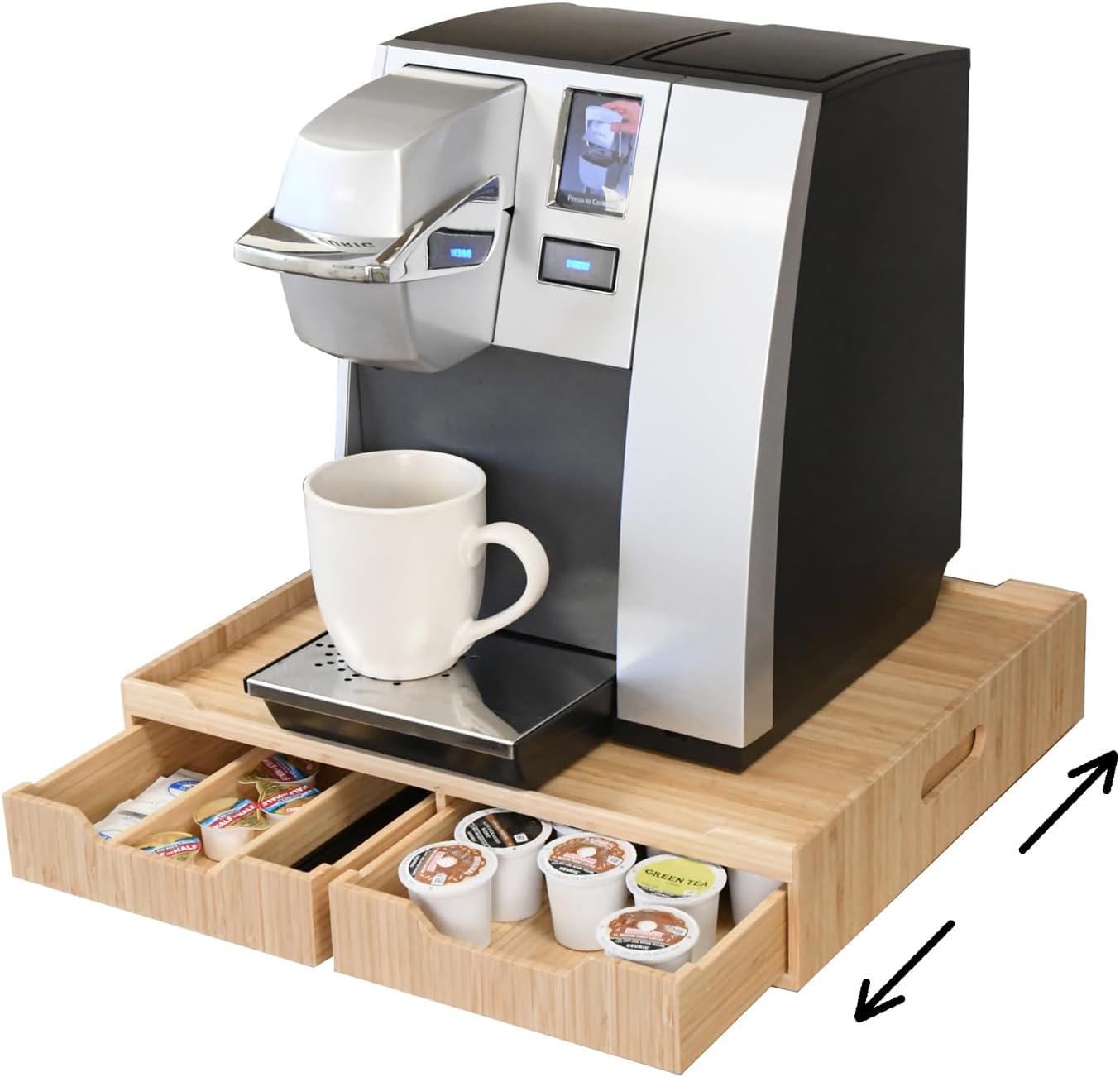 Mobilevision Bamboo Drawer & Large Sliding Tray for K-Cup & Espresso Pod Storage Organize Coffee Maker & countertop appliances for Kitchen & Office Break Rooms