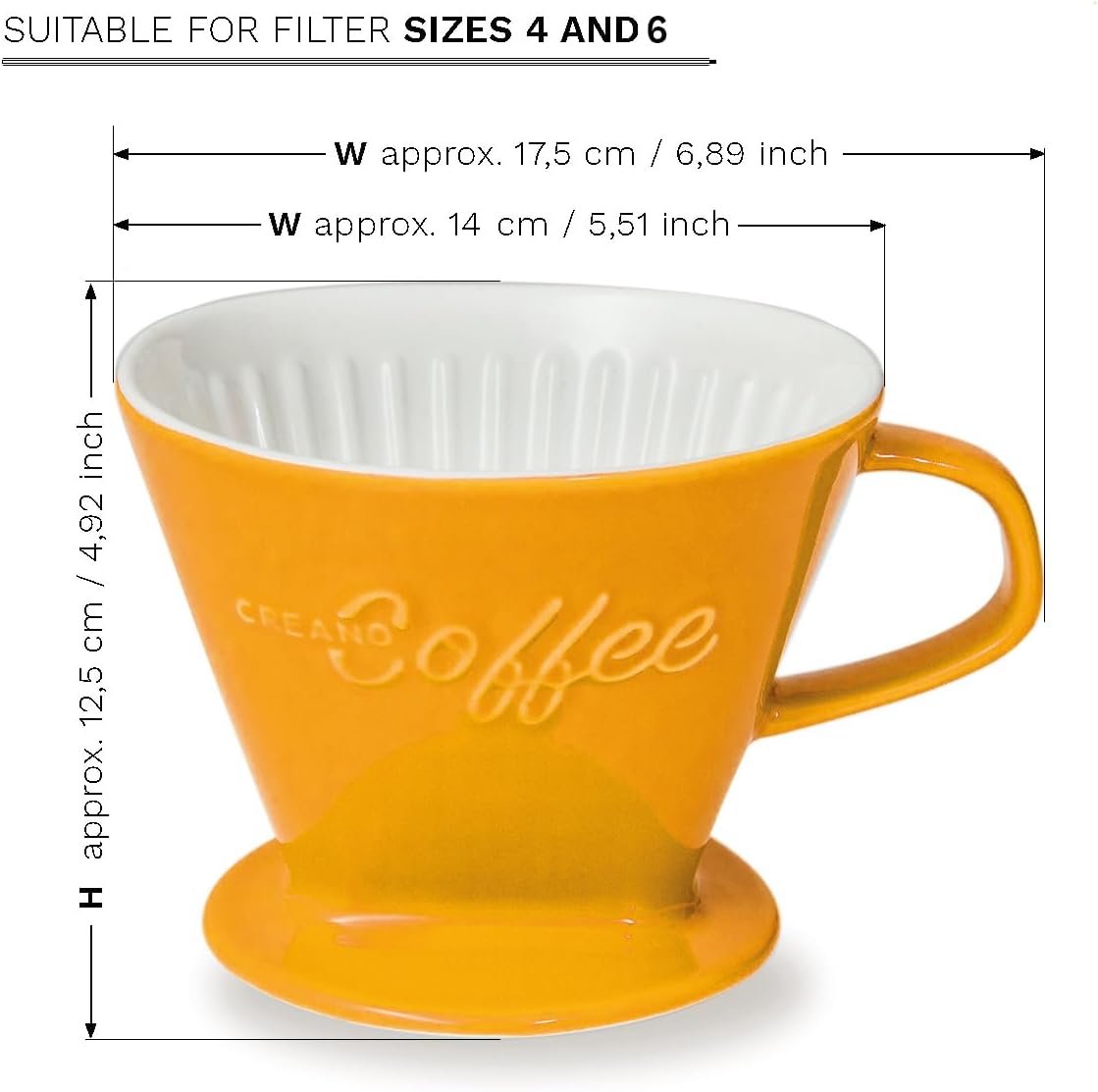 Creano XXL Porcelain Coffee Dripper Saffron - Ceramic Cone Brewer - Pour Over Coffee Maker - Filter Size 4 - huge and heavy quality 800gr/28oz - 6 Colours availeble