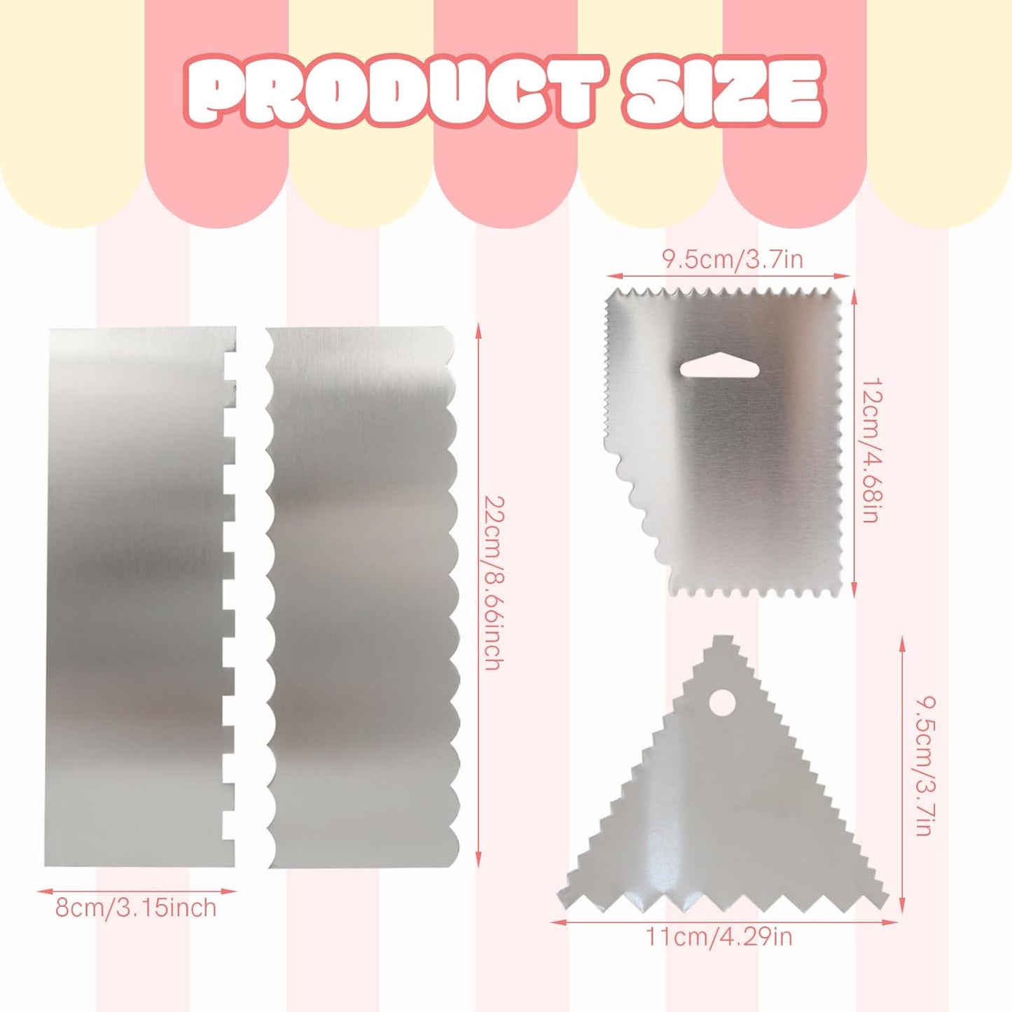 4 PCS Cake Scraper, Stainless Cake Smoother, Icing Smoother, Side Pattern Edge Stripes with Smooth Edges for Pastry Cutting and Mousse Cream Cake Decoration