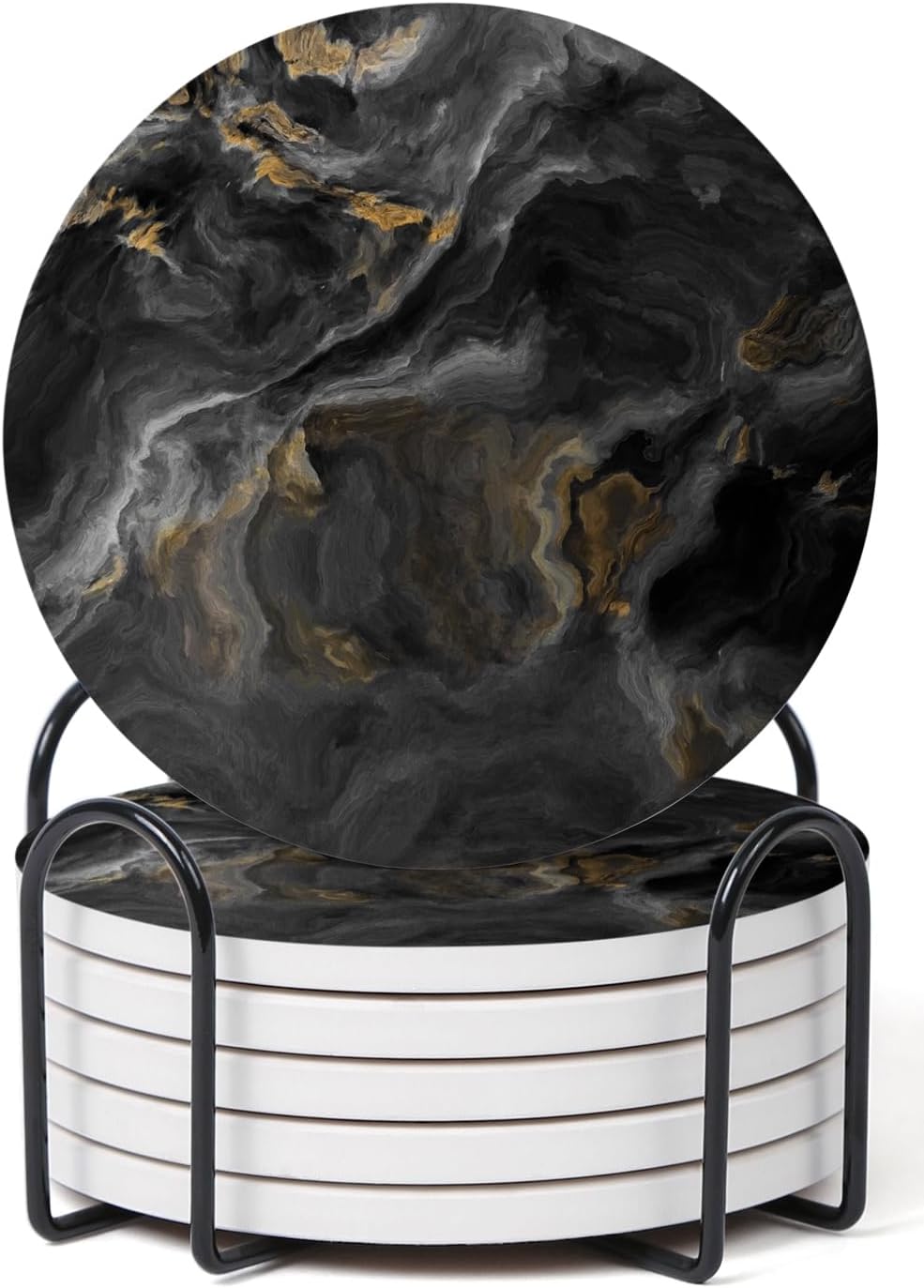 Set of 6 Abstract Black Marble Coasters with Holder, Absorbent Ceramic Coasters for Drinks, Coasters with Cork Backing for Table Protection, Housewarming Gifts for New Home