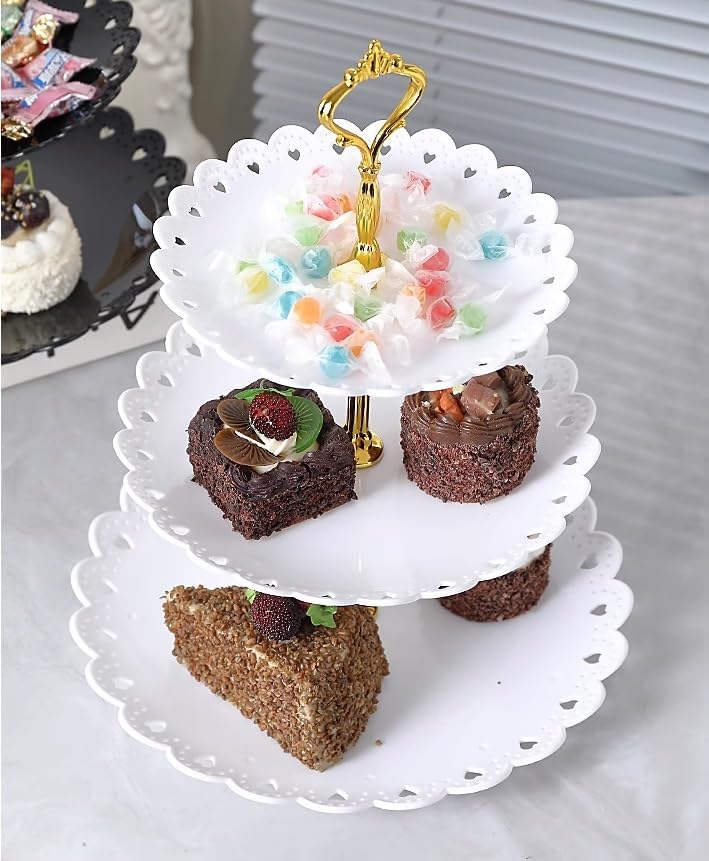 2 Pack of Large Plastic Dessert Stands, 3 Tier Cupcake Stand, 3 Tiered Serving Display Stand Reusable Pastry Dessert Tower Tray/Platter for Tea Party, Baby Shower and Wedding (White)