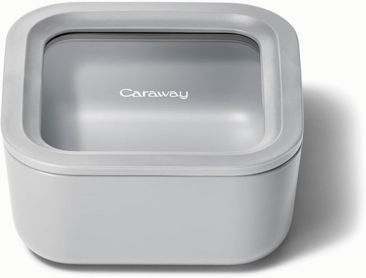 Caraway Glass Food Storage - 4.4 Cup Glass Container - Ceramic Coated Food Container - Non Toxic, Non Stick Lunch Box Container with Glass Lids - Dishwasher, Oven, & Microwave Safe - Gray
