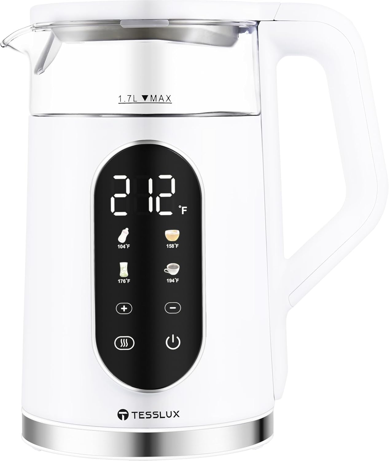 Electric Kettle, 1500W Fast Boiling Glass Water Kettle with Temperature Control, 1.7L Cordless Stainless Steel Base, Keep Warm & Auto Shut-Off, BPA-Free, White