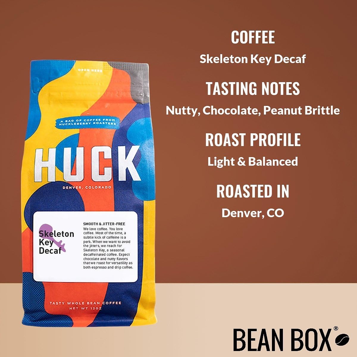 Skeleton Key Decaf - Roasted by Huckleberry Roasters - Whole Bean Coffee - 12 Ounce Bag