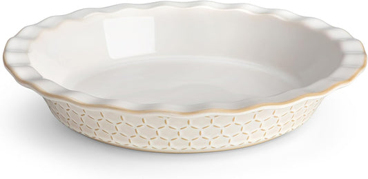 MALACASA Pie Dish for Baking, Stoneware Pie Pan 9 Inch, Embossed Deep Dish Pie Pans, 45 OZ Round Baking Dish Pie Pan, Fluted Dish Pie Plate for Apple Pie, Quiche and Tart, Set of 1, Series LYDIA