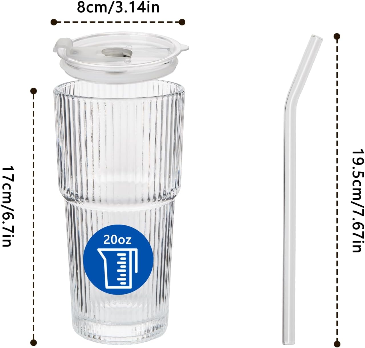 20oz Ribbed Glass Cups with Lids and Straws 4 Set, Vintage Glassware for Whiskey Cocktail Beer, Glass Tumbler, Iced Coffee Cups For Cold Drinks, Smoothie, Juice,Drinking (4)