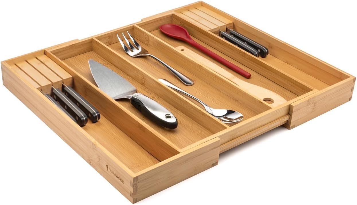 Purawood Kitchen Drawer Organizer with Knife Blocks - Utensil Drawer Organizer for Kitchen, Cutlery Tray & Silverware Organizer, 3-5 Slots - Bamboo Organizer for Utensils & Flatware (Natural)